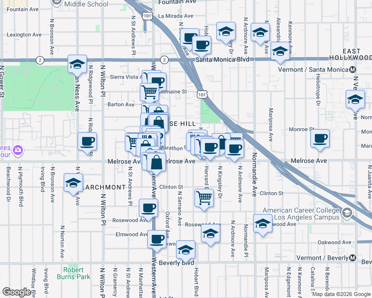 map of restaurants, bars, coffee shops, grocery stores, and more near 4932 Marathon Street in Los Angeles