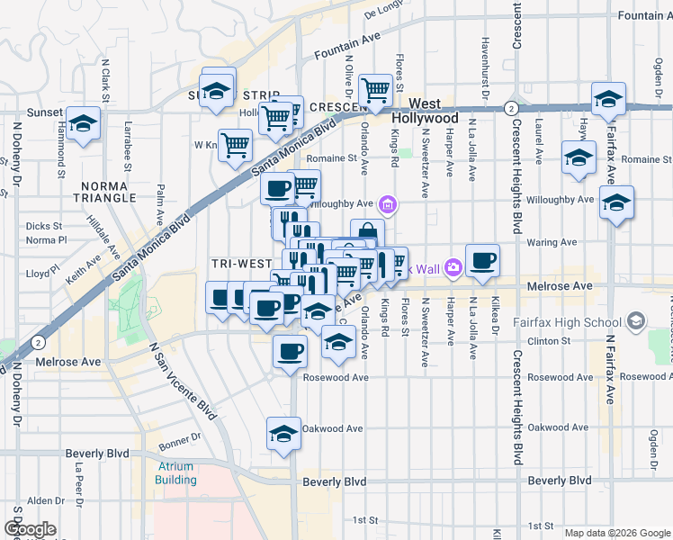 map of restaurants, bars, coffee shops, grocery stores, and more near 725 Croft Avenue in Los Angeles