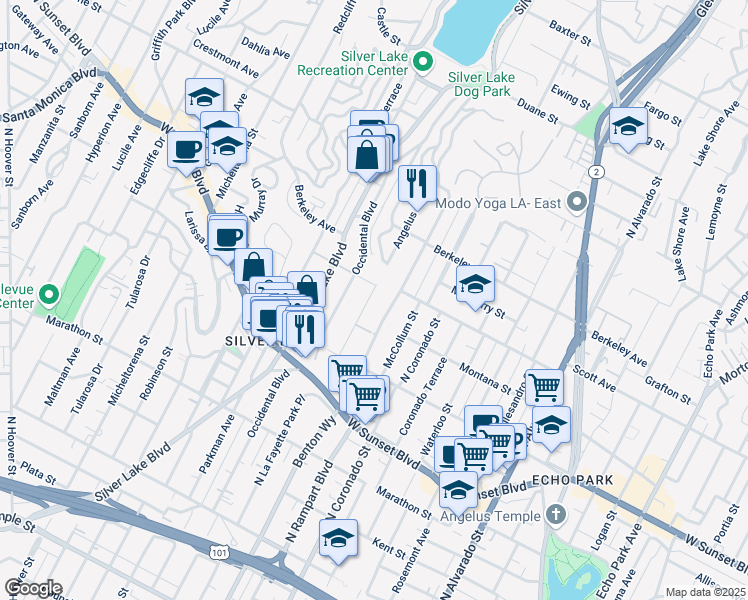 map of restaurants, bars, coffee shops, grocery stores, and more near 1438 Angelus Avenue in Los Angeles