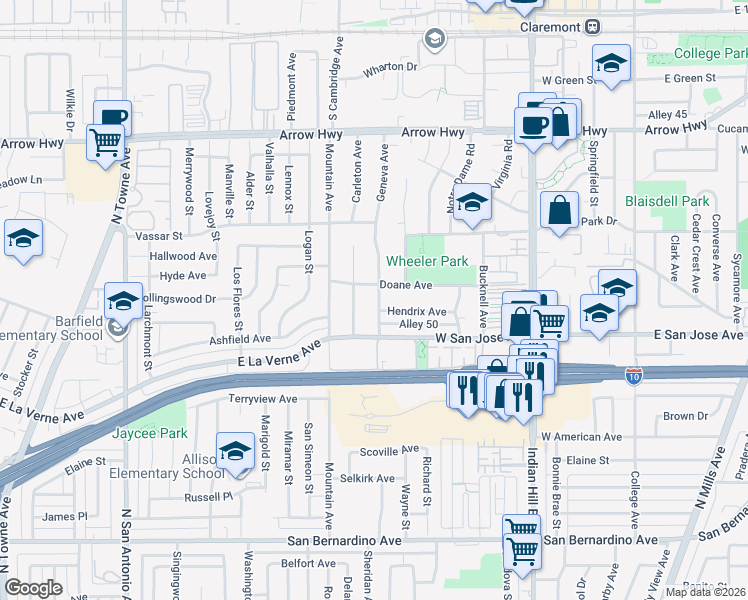 map of restaurants, bars, coffee shops, grocery stores, and more near 637 Geneva Avenue in Claremont