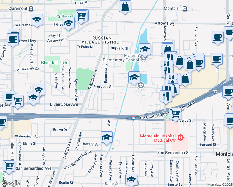 map of restaurants, bars, coffee shops, grocery stores, and more near 9341 Camulos Avenue in Montclair