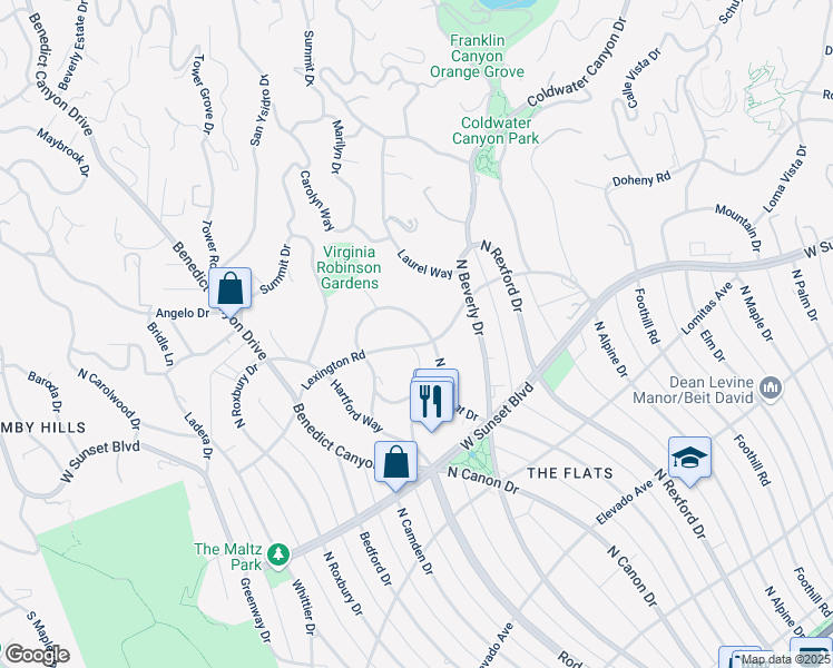 map of restaurants, bars, coffee shops, grocery stores, and more near 1001 North Crescent Drive in Beverly Hills