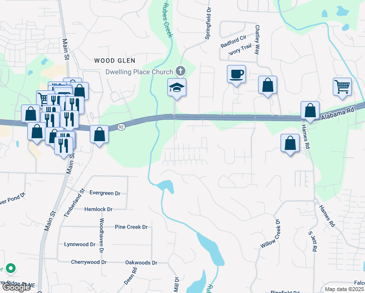 map of restaurants, bars, coffee shops, grocery stores, and more near 107 Manley Court in Woodstock