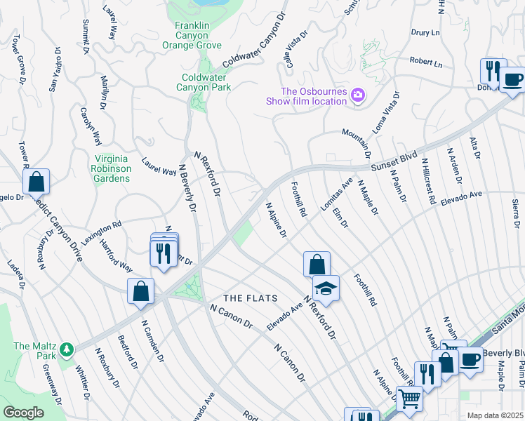 map of restaurants, bars, coffee shops, grocery stores, and more near 815 North Alpine Drive in Beverly Hills