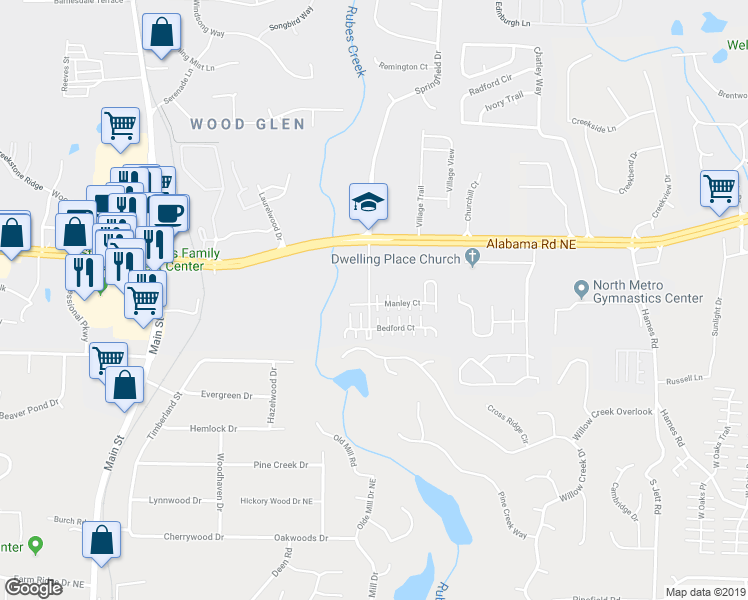 map of restaurants, bars, coffee shops, grocery stores, and more near 107 Manley Court in Woodstock