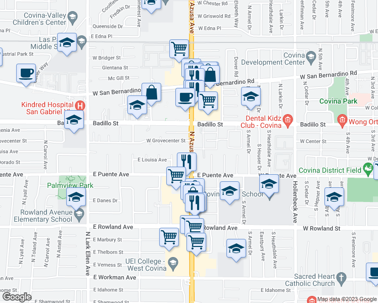 map of restaurants, bars, coffee shops, grocery stores, and more near 747 N Azusa Ave in Covina