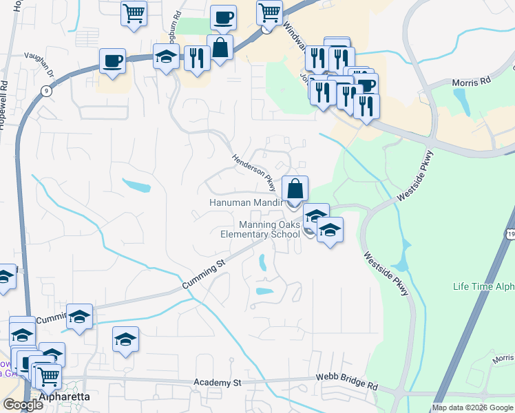 map of restaurants, bars, coffee shops, grocery stores, and more near 1530 Planters Ridge Lane in Alpharetta
