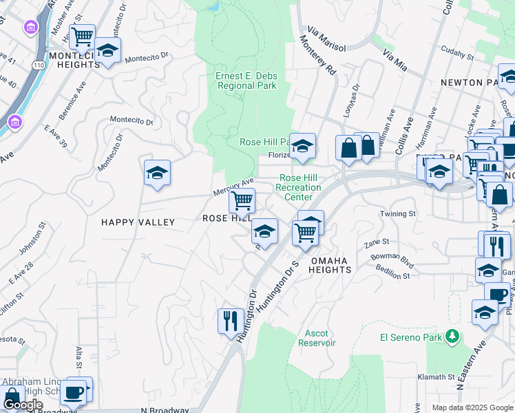 map of restaurants, bars, coffee shops, grocery stores, and more near 4559 East Rose Hill Drive in Los Angeles