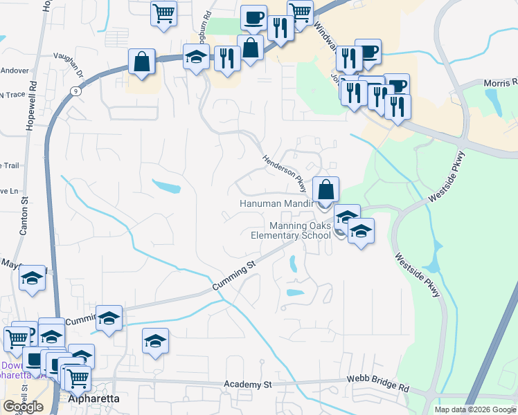 map of restaurants, bars, coffee shops, grocery stores, and more near 2145 Monroe Drive in Alpharetta