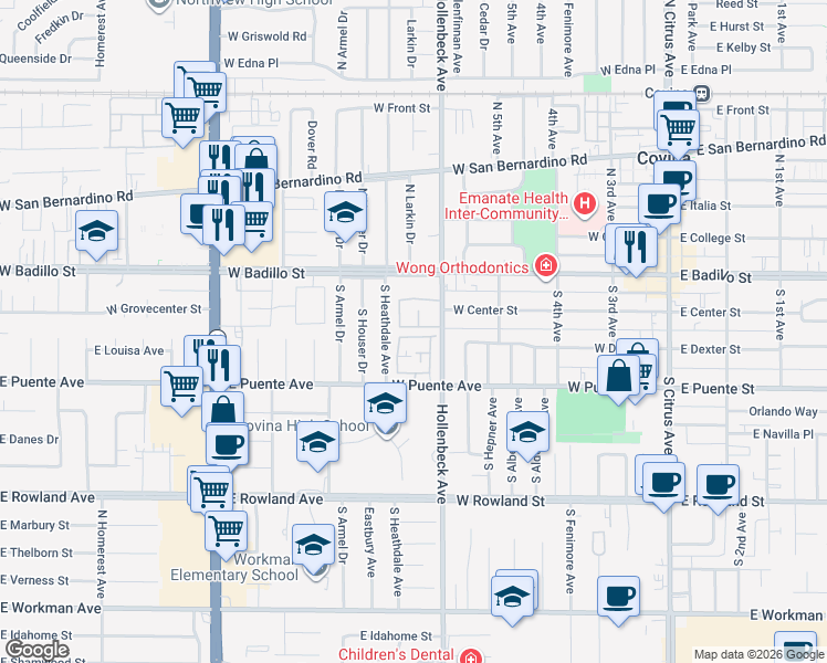 map of restaurants, bars, coffee shops, grocery stores, and more near 541 West Puente Avenue in Covina