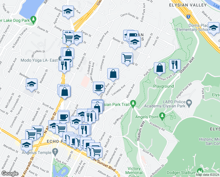 map of restaurants, bars, coffee shops, grocery stores, and more near 1819 Ashmore Place in Los Angeles