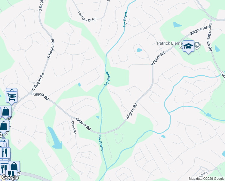 map of restaurants, bars, coffee shops, grocery stores, and more near 3531 Kentwater Drive in Buford