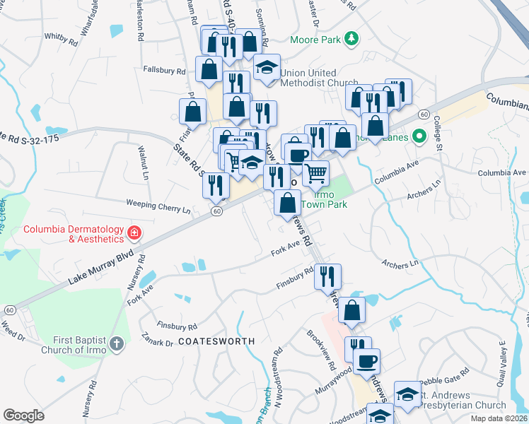 map of restaurants, bars, coffee shops, grocery stores, and more near 7401 Gibbes Street in Irmo
