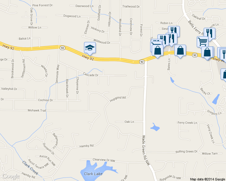 map of restaurants, bars, coffee shops, grocery stores, and more near 5323 Shadow Circle in Acworth