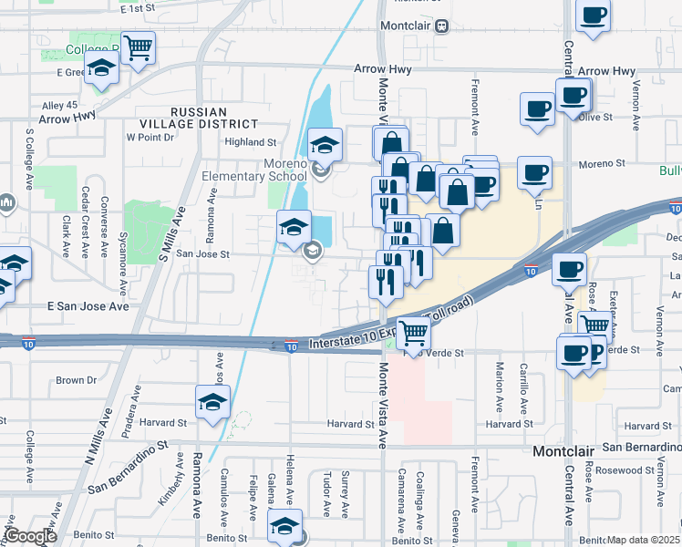 map of restaurants, bars, coffee shops, grocery stores, and more near 9322 Shadowood Drive in Montclair