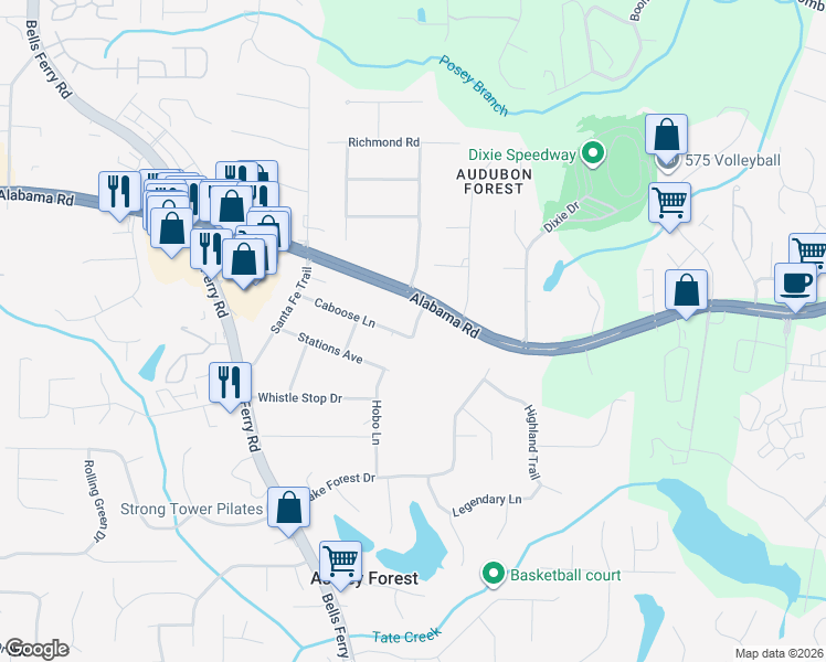 map of restaurants, bars, coffee shops, grocery stores, and more near 202 Wabash Trail in Woodstock