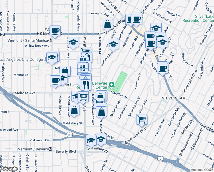 map of restaurants, bars, coffee shops, grocery stores, and more near 831 Lucile Avenue in Los Angeles