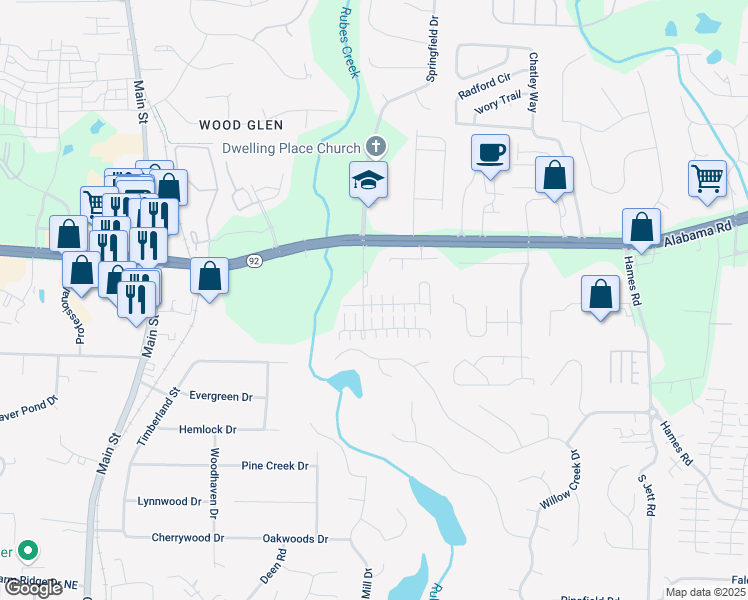 map of restaurants, bars, coffee shops, grocery stores, and more near 111 Manley Court in Woodstock