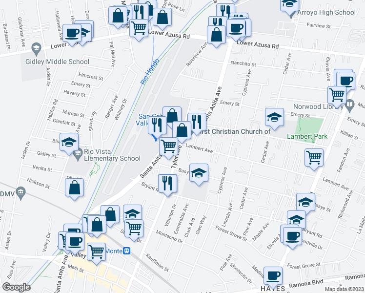 map of restaurants, bars, coffee shops, grocery stores, and more near 4254 Tyler Avenue in El Monte