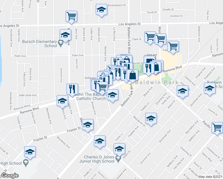 map of restaurants, bars, coffee shops, grocery stores, and more near 14026 Ramona Boulevard in Baldwin Park