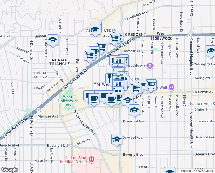 map of restaurants, bars, coffee shops, grocery stores, and more near 726 Westmount Drive in West Hollywood