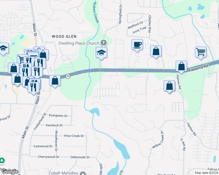 map of restaurants, bars, coffee shops, grocery stores, and more near 225 Manley Court in Woodstock
