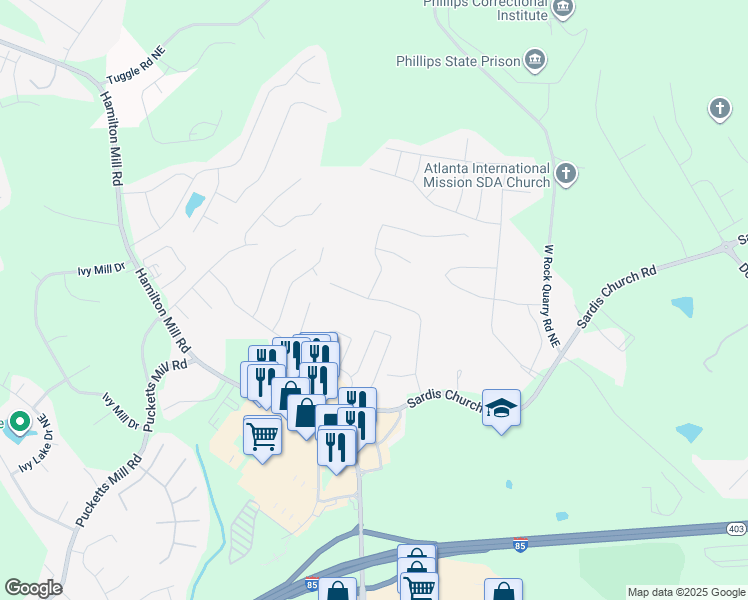 map of restaurants, bars, coffee shops, grocery stores, and more near 2795 Sardis Drive in Buford