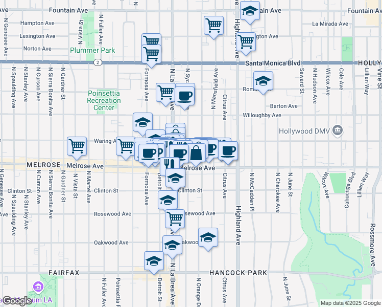 map of restaurants, bars, coffee shops, grocery stores, and more near 732 North Sycamore Avenue in Los Angeles