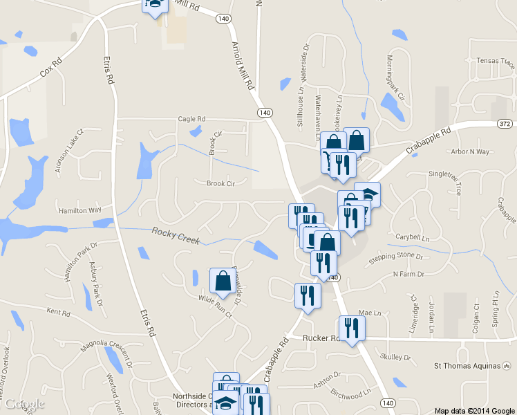 map of restaurants, bars, coffee shops, grocery stores, and more near 305 Morning Dew Circle in Roswell