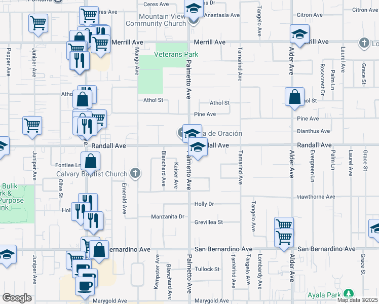 map of restaurants, bars, coffee shops, grocery stores, and more near 9325 Palmetto Avenue in Fontana
