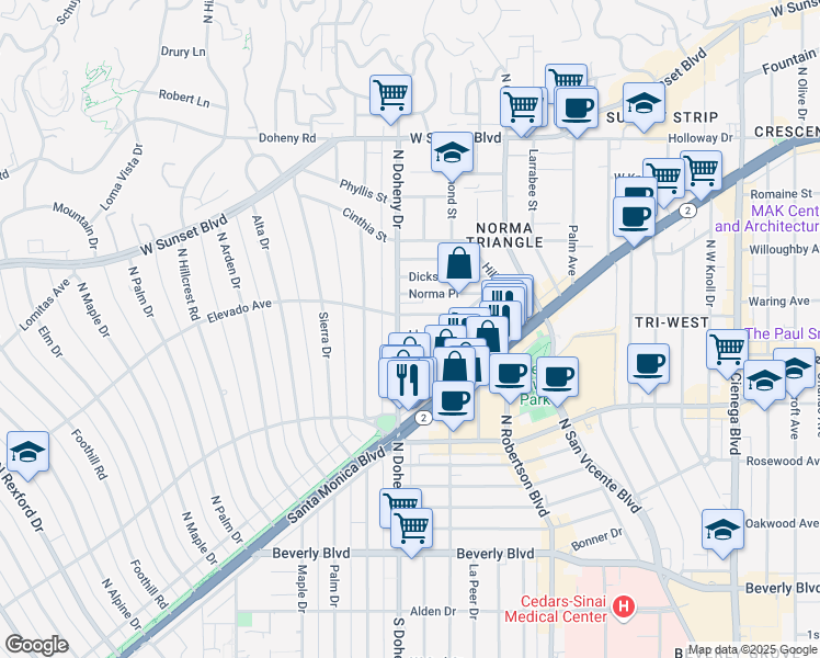 map of restaurants, bars, coffee shops, grocery stores, and more near 9051 Lloyd Place in West Hollywood