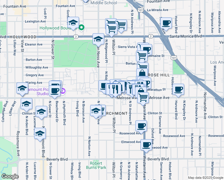 map of restaurants, bars, coffee shops, grocery stores, and more near 729 North Wilton Place in Los Angeles