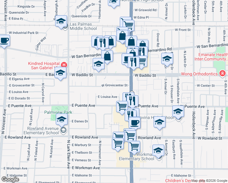 map of restaurants, bars, coffee shops, grocery stores, and more near 744 North Eileen Street in West Covina