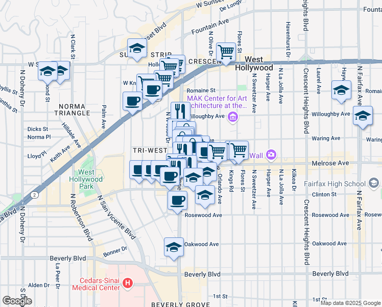 map of restaurants, bars, coffee shops, grocery stores, and more near 725 North Alfred Street in Los Angeles