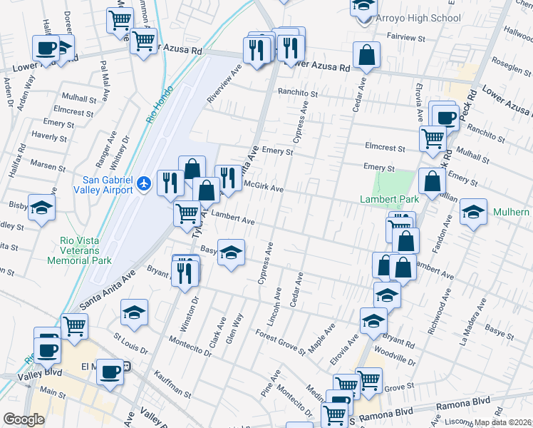 map of restaurants, bars, coffee shops, grocery stores, and more near 11145 Lambert Avenue in El Monte