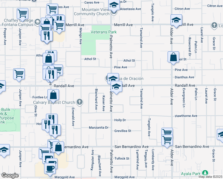 map of restaurants, bars, coffee shops, grocery stores, and more near 9325 Palmetto Avenue in Fontana