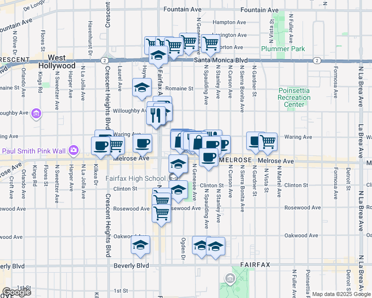 map of restaurants, bars, coffee shops, grocery stores, and more near 720 North Ogden Drive in Los Angeles