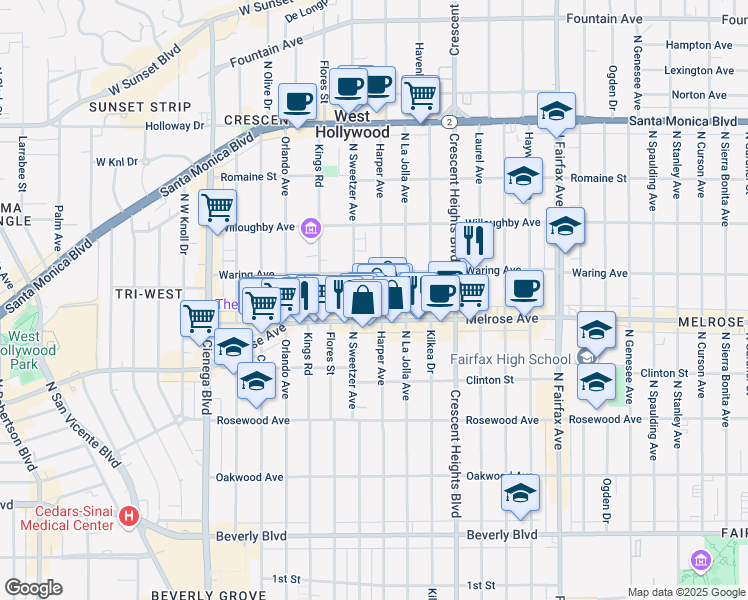 map of restaurants, bars, coffee shops, grocery stores, and more near 725 North Harper Avenue in Los Angeles
