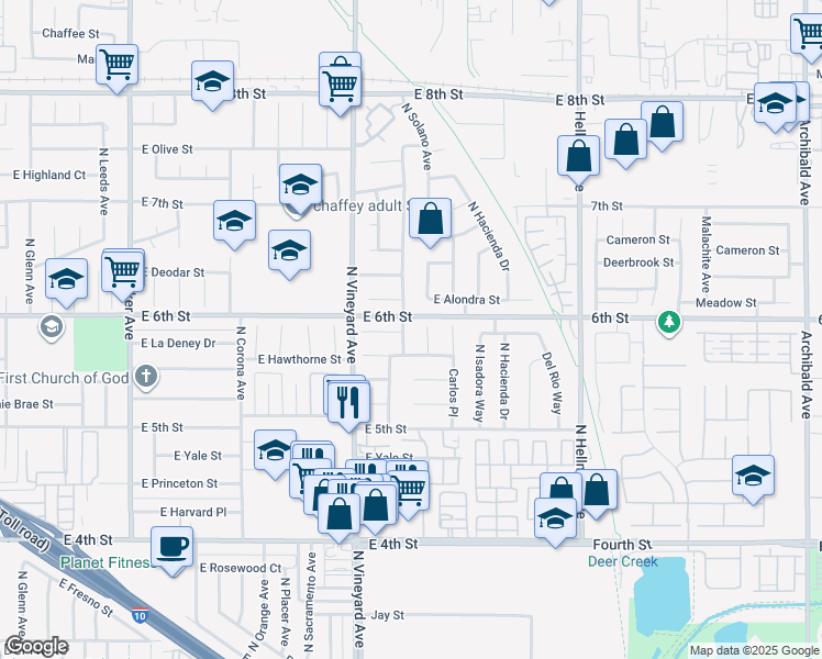 map of restaurants, bars, coffee shops, grocery stores, and more near 1456 North Barranca Avenue in Ontario