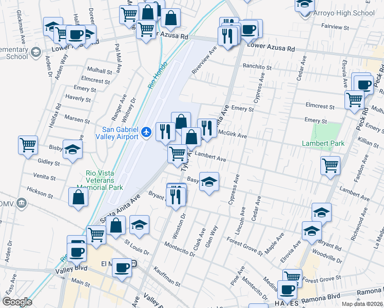 map of restaurants, bars, coffee shops, grocery stores, and more near 4254 Tyler Avenue in El Monte