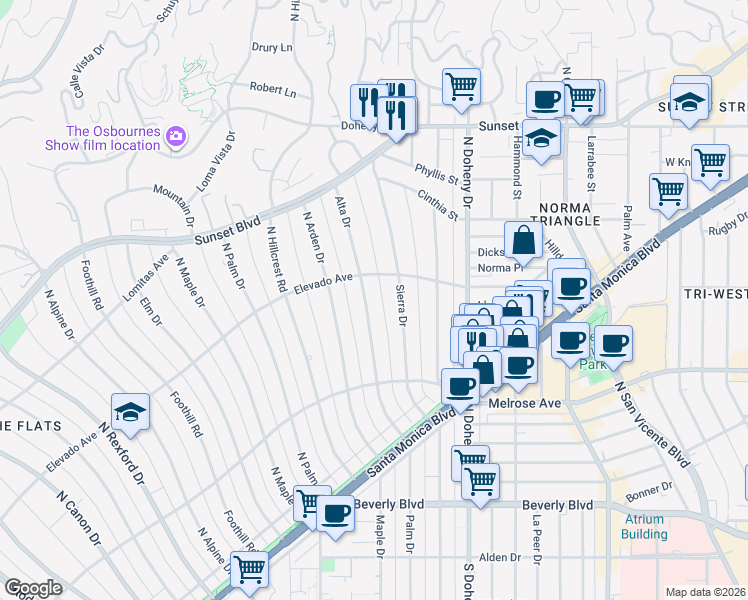 map of restaurants, bars, coffee shops, grocery stores, and more near 628 Alta Drive in Beverly Hills