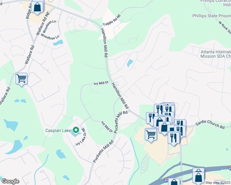 map of restaurants, bars, coffee shops, grocery stores, and more near 2898 Hamilton Mill Road in Buford