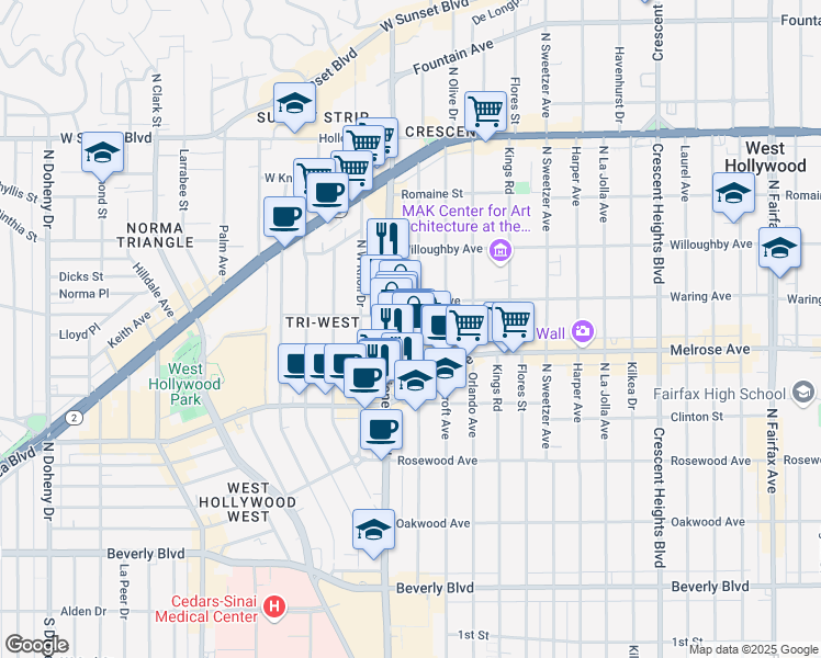 map of restaurants, bars, coffee shops, grocery stores, and more near 725 North Alfred Street in Los Angeles