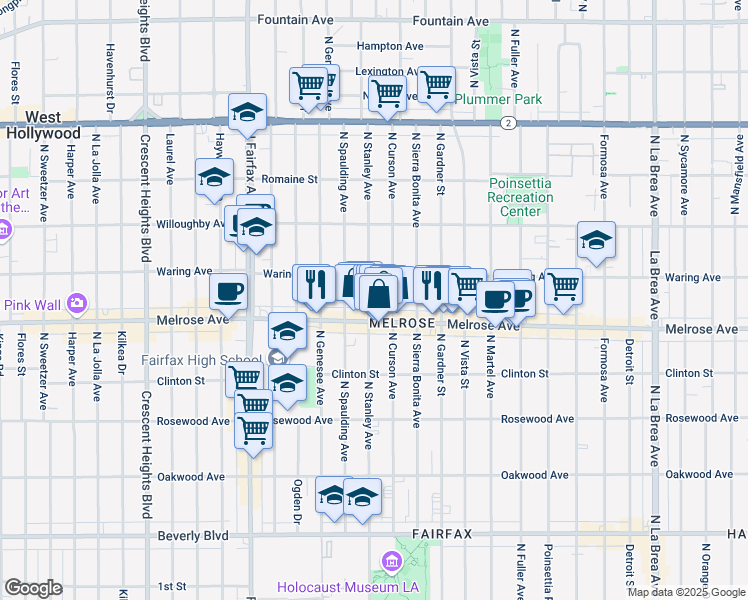 map of restaurants, bars, coffee shops, grocery stores, and more near 724 North Stanley Avenue in Los Angeles