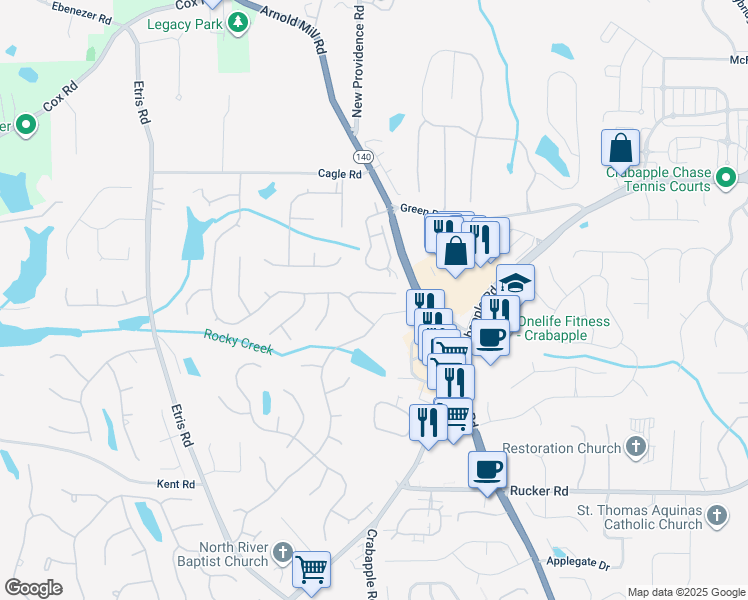 map of restaurants, bars, coffee shops, grocery stores, and more near 355 Morning Dew Circle in Roswell