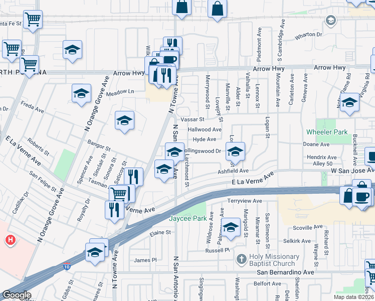 map of restaurants, bars, coffee shops, grocery stores, and more near Larchmont Street & Collingswood Drive in Pomona