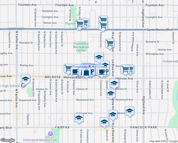 map of restaurants, bars, coffee shops, grocery stores, and more near 726 North Poinsettia Place in Los Angeles