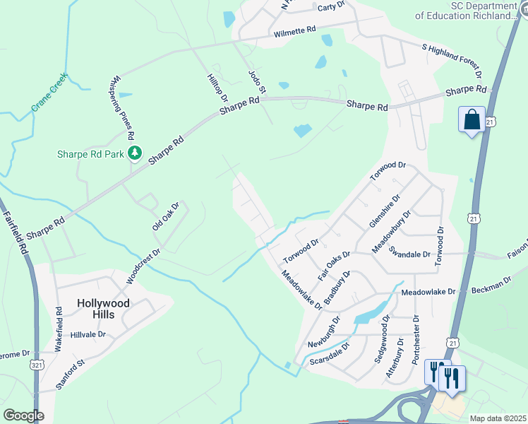 map of restaurants, bars, coffee shops, grocery stores, and more near 613 Meadowlake Drive in Columbia