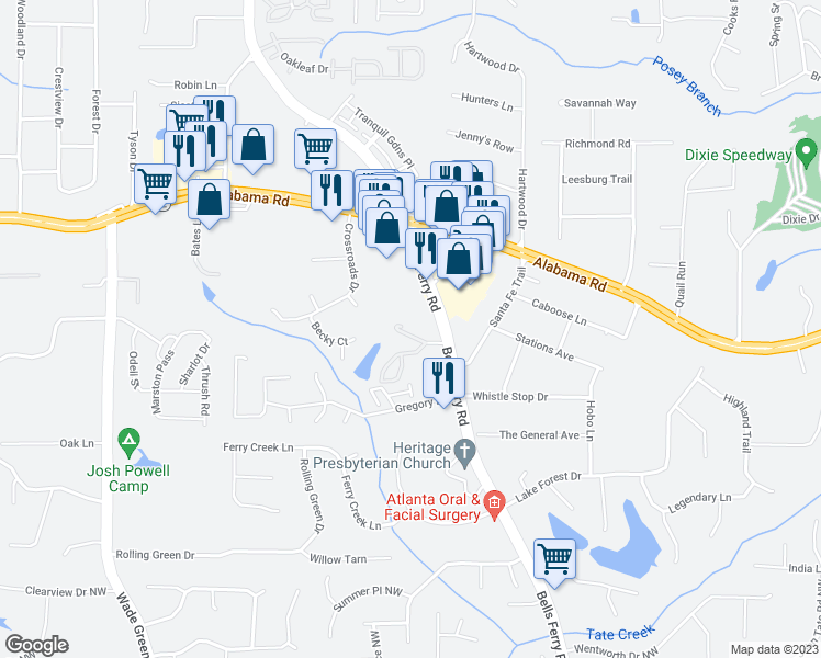 map of restaurants, bars, coffee shops, grocery stores, and more near 701 Waldan Lane in Acworth