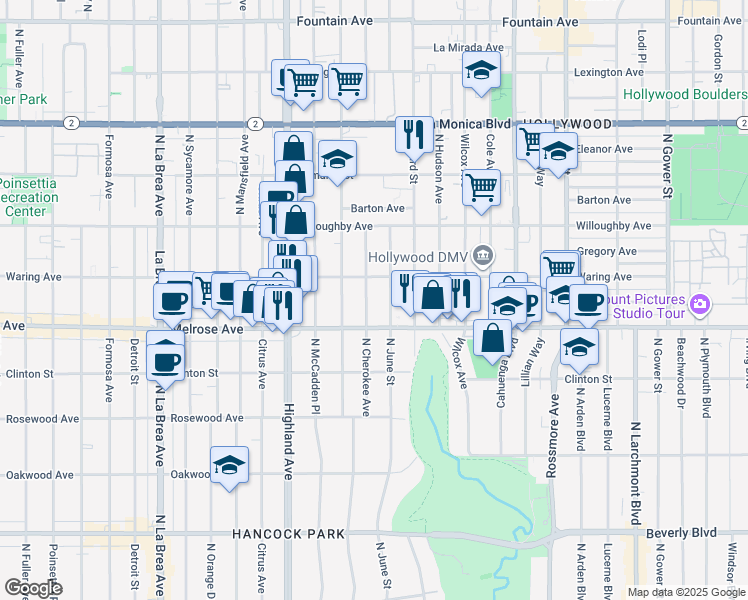 map of restaurants, bars, coffee shops, grocery stores, and more near 732 North Cherokee Avenue in Los Angeles